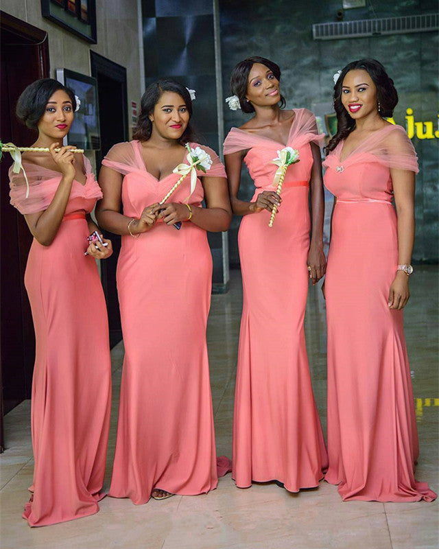 Long Jersey Empire Waistline Mermaid Bridesmaid Dresses With Cap Sleeves