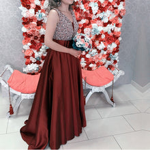 Load image into Gallery viewer, Luxurious Sequins Beaded V Neck Floor Length Satin Prom Dresses
