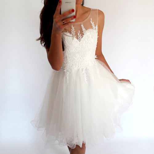 Elegant White Tulle Homecoming Dresses Lace Appliques-alinanova