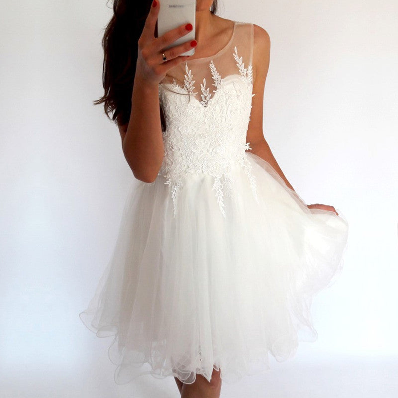 Elegant White Tulle Homecoming Dresses Lace Appliques-alinanova