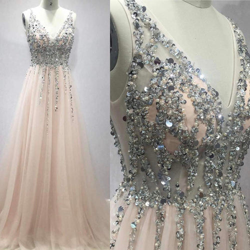 Pretty Sequins Long Tulle V-neck Prom Evening Gowns-alinanova