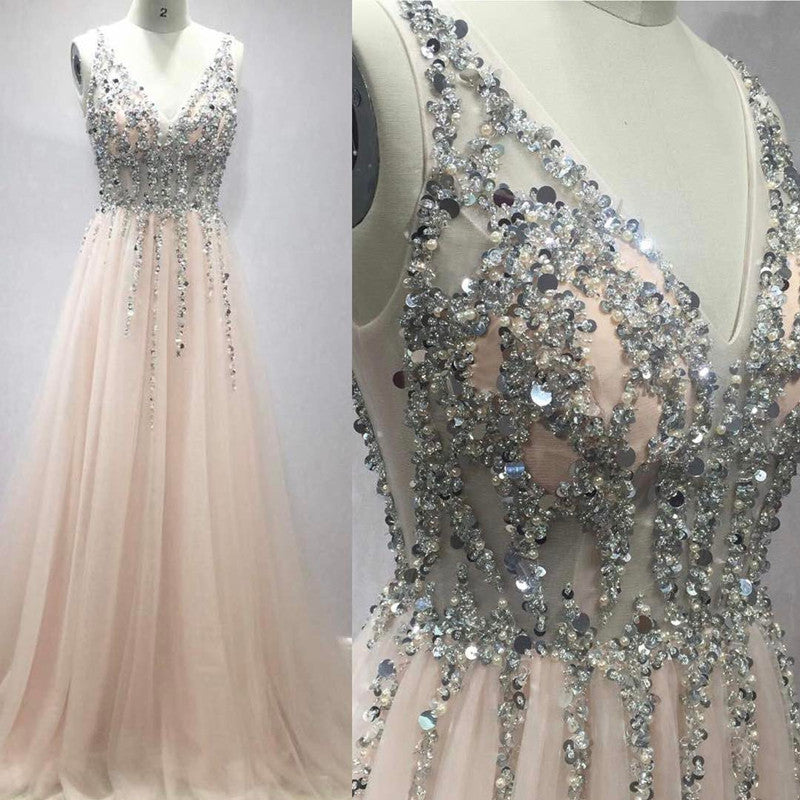 Pretty Sequins Long Tulle V-neck Prom Evening Gowns-alinanova