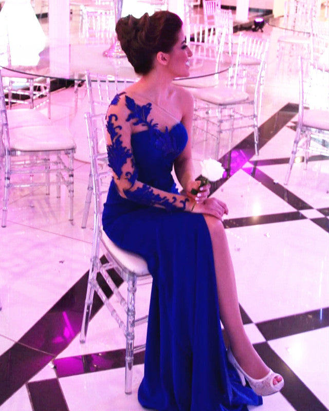 Gorgeous Lace Embroidery One Shoulder Leg Split Prom Dresses Mermaid-alinanova