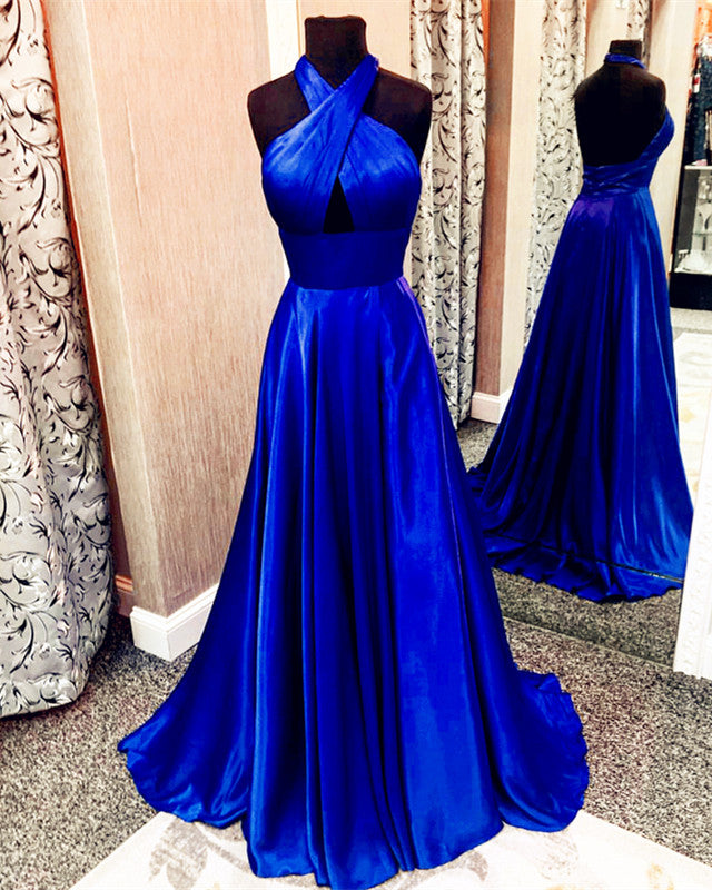 halter top open back prom dress Long Satin Open Back Prom Dresses Halter Top