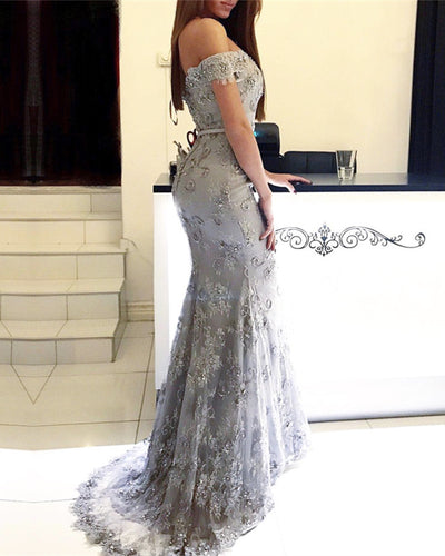 Off The Shoulder Mermaid Evening Dresses Long Lace Prom Gowns-alinanova