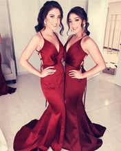 Load image into Gallery viewer, Sexy V-Neck Long Satin Mermaid Split Bridesmaid Dresses Open Back
