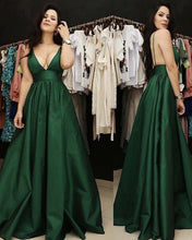 Load image into Gallery viewer, Plunge V-neck Floor Length Satin Prom Dresses-alinanova
