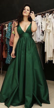Load image into Gallery viewer, Plunge V-neck Floor Length Satin Prom Dresses
