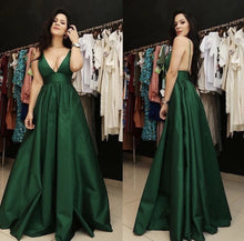 Load image into Gallery viewer, Plunge V-neck Floor Length Satin Prom Dresses
