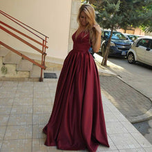Load image into Gallery viewer, Burgundy Satin V Neck Long Evening Gowns For Wedding Party-alinanova
