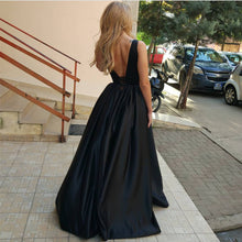 Load image into Gallery viewer, Burgundy Satin V Neck Long Evening Gowns For Wedding Party
