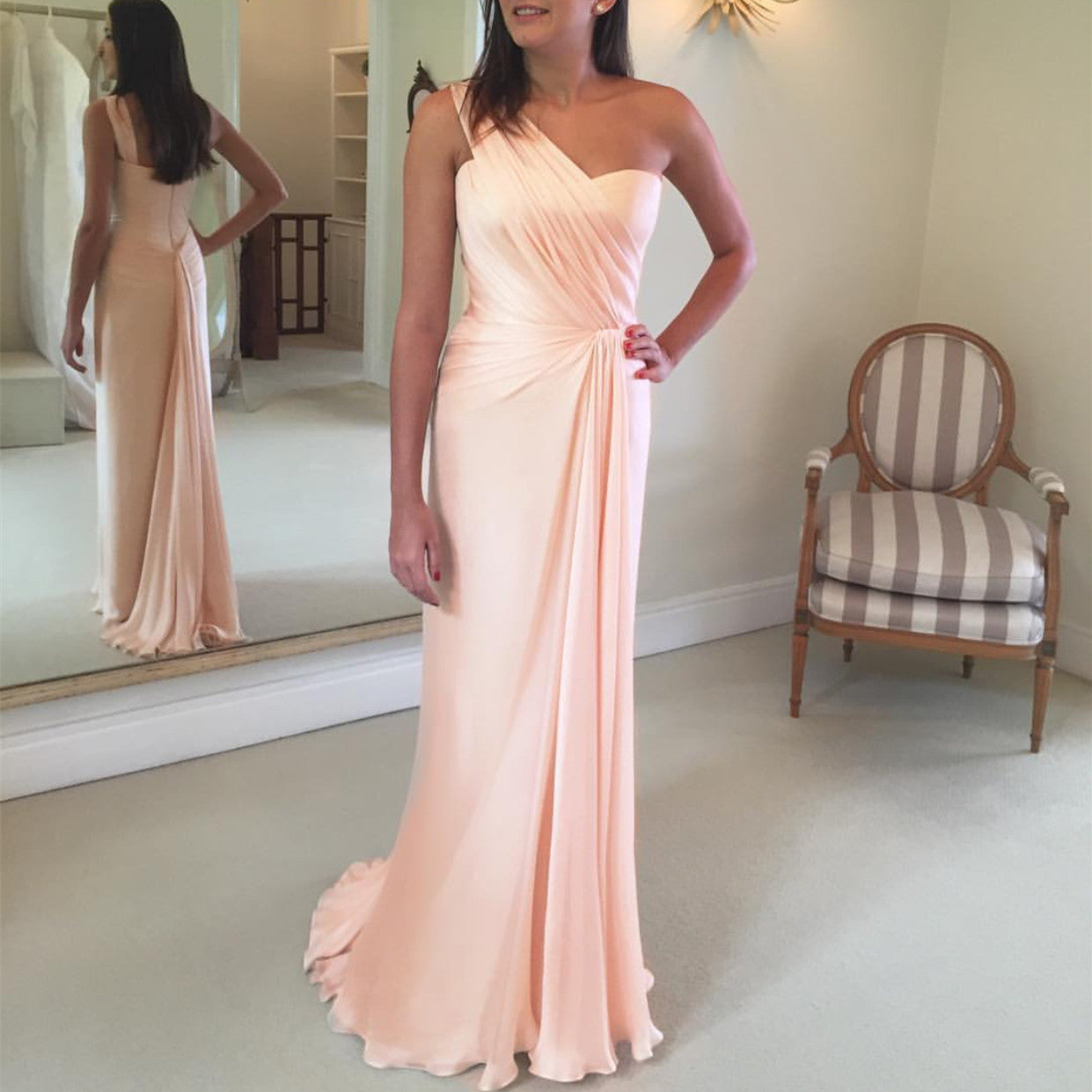 Peach Chiffon One Shoulder Long Sheath Bridesmaid Dressees