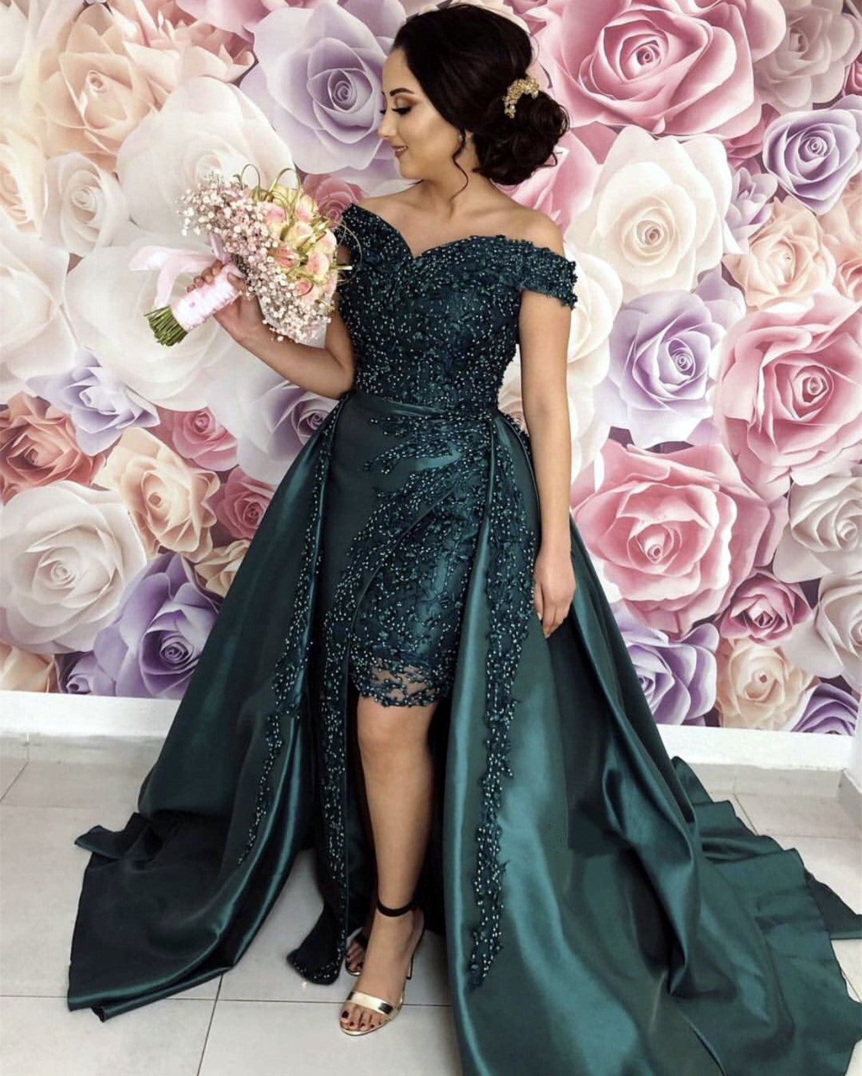 Leg Split Prom Dresses Satin Pearl Beaded Off Shoulder Evening Gowns   alinanova