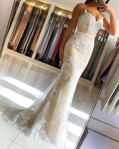 Spaghetti Straps Lace Embroidery Sweetheart Tulle Mermaid Prom Dresses-alinanova
