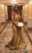 Load image into Gallery viewer, Long Gold Satin Off Shoulder Mermaid Bridesmaid Dresses
