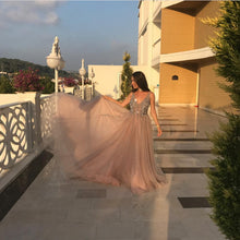 Load image into Gallery viewer, Peach And Grey Tulle V Neck Prom Long Dresses With Sequins Beaded
