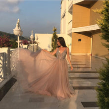 Load image into Gallery viewer, Peach And Grey Tulle V Neck Prom Long Dresses With Sequins Beaded-alinanova
