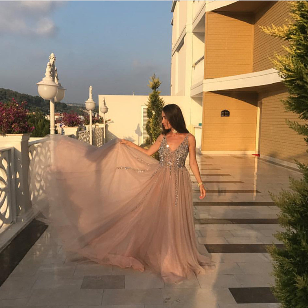 Peach And Grey Tulle V Neck Prom Long Dresses With Sequins Beaded