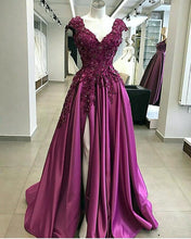 Load image into Gallery viewer, Lace Flowers Beaded Cap Sleeves V-neck Prom Dresses Split Evening Gowns
