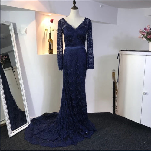 Lace Long Sleeves V Neck Mermaid Dresses-alinanova