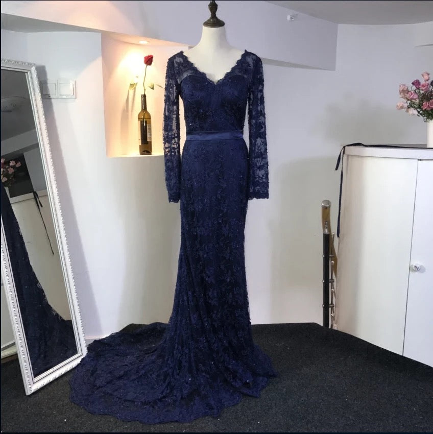 navy lace mermaid dress Long Sleeves V Neck Dresses while the sleeveless cut Girl Dress:3T Wedding morning robe Blue Satin Dress -