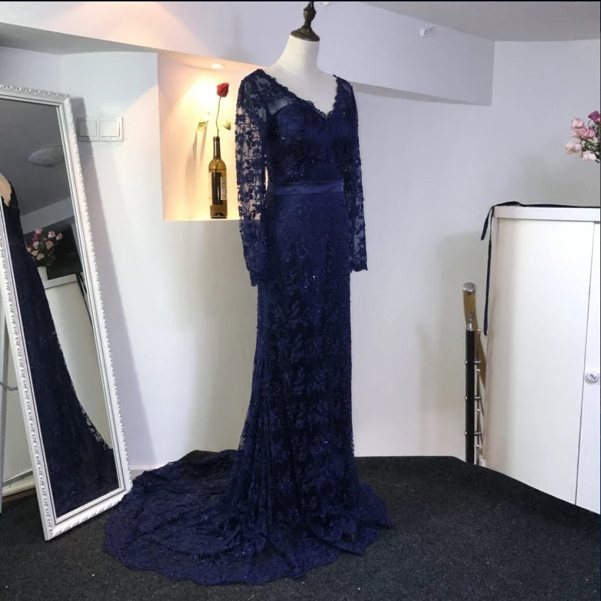 navy blue lace dresses for wedding Long Lace Navy Mother of the Bride Dress – The Dress Outlet main image 0