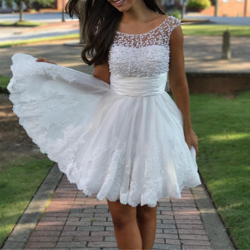 Short White Lace Graduation Dresses Pearl Beaded alinanova Short White Lace Graduation Dresses Pearl Beaded alinanova