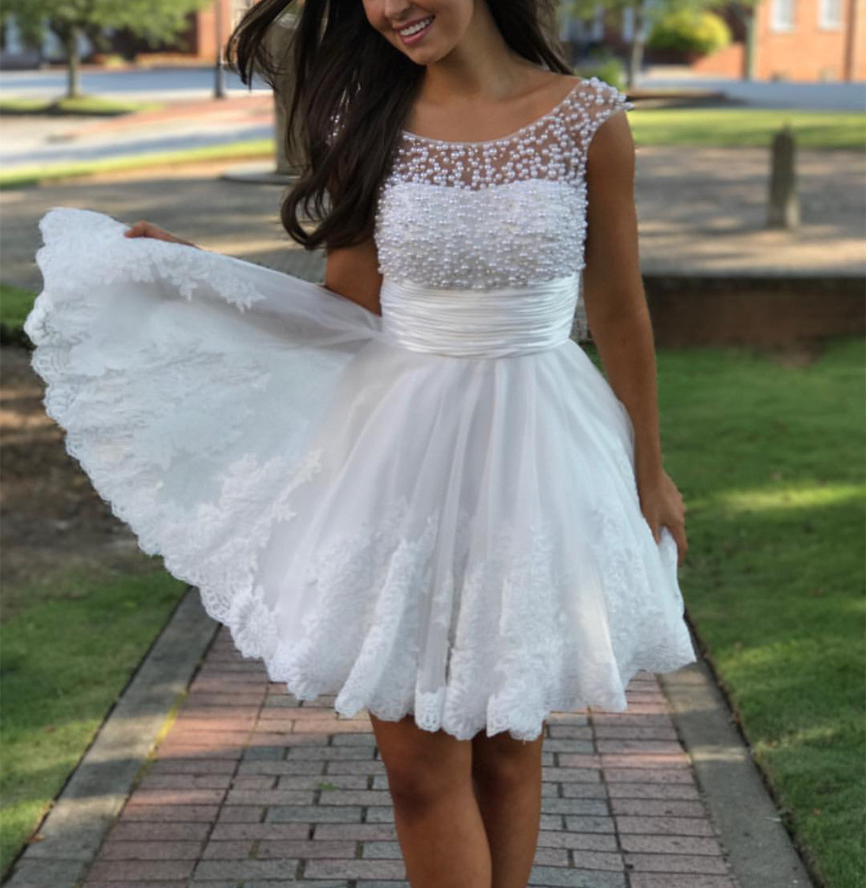 Cute A Line Cap Sleeves White Lace Homecoming Dresses Pearl Beaded Cute A Line Cap Sleeves White Lace Homecoming Dresses Pearl Beaded
