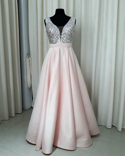 Sequins V-neck Floor Length Satin Prom Dresses-alinanova