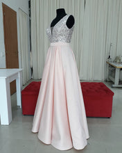 Load image into Gallery viewer, Sequins V-neck Floor Length Satin Prom Dresses
