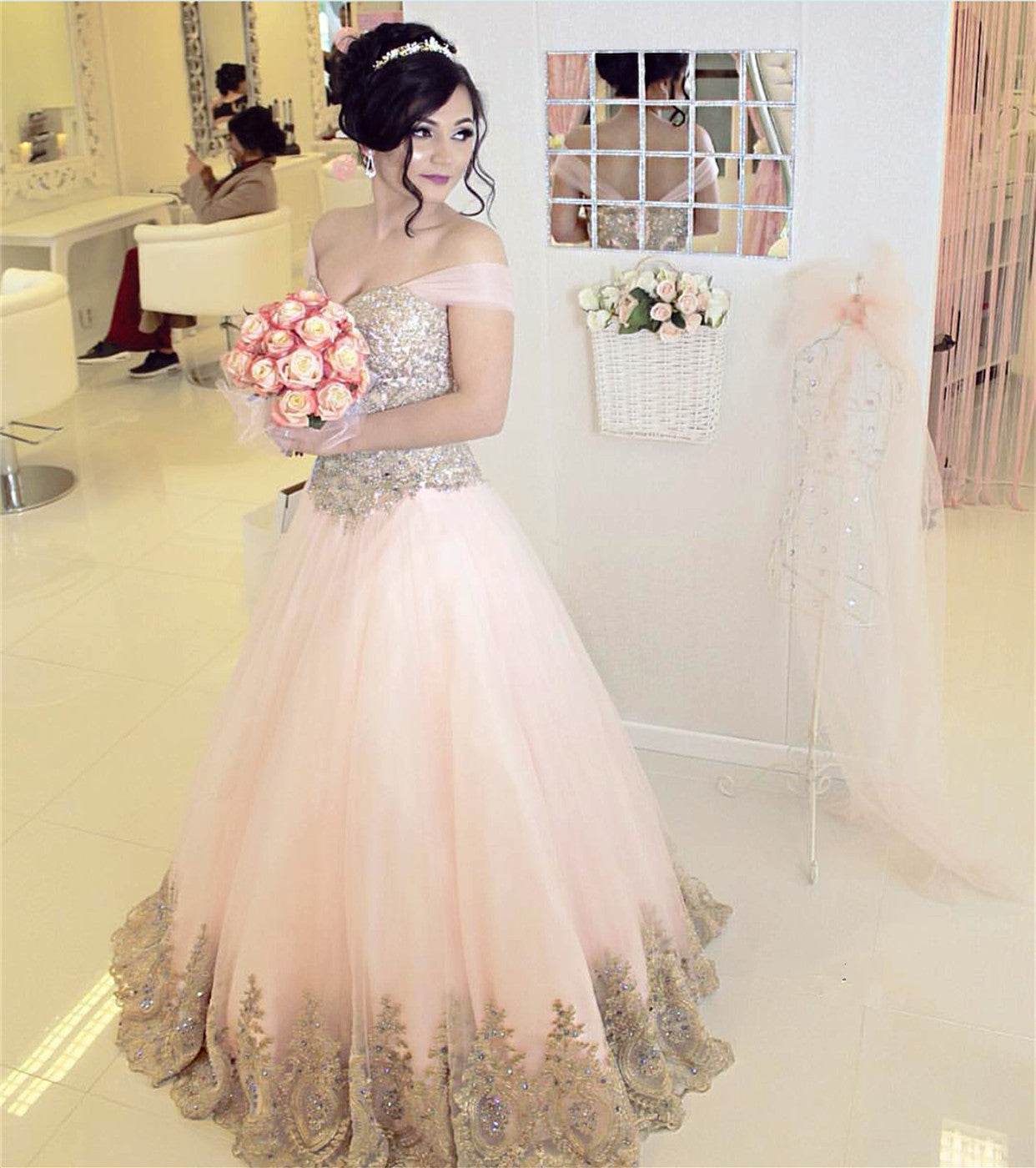 Off-the-shoulder Pink Tulle Quinceanera Dresses Gold Lace Appliques Off-the-shoulder Pink Tulle Quinceanera Dresses Gold Lace Appliques