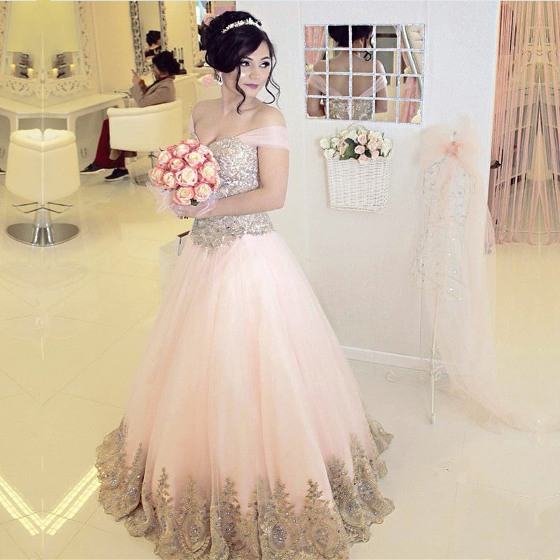 Off-the-shoulder Pink Tulle Quinceanera Dresses Gold Lace Appliques-alinanova