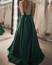 Load image into Gallery viewer, Luxurious Sequin Beaded V Neck Long Satin Prom Dresses
