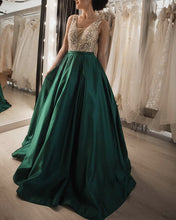 Load image into Gallery viewer, Luxurious Sequin Beaded V Neck Long Satin Prom Dresses
