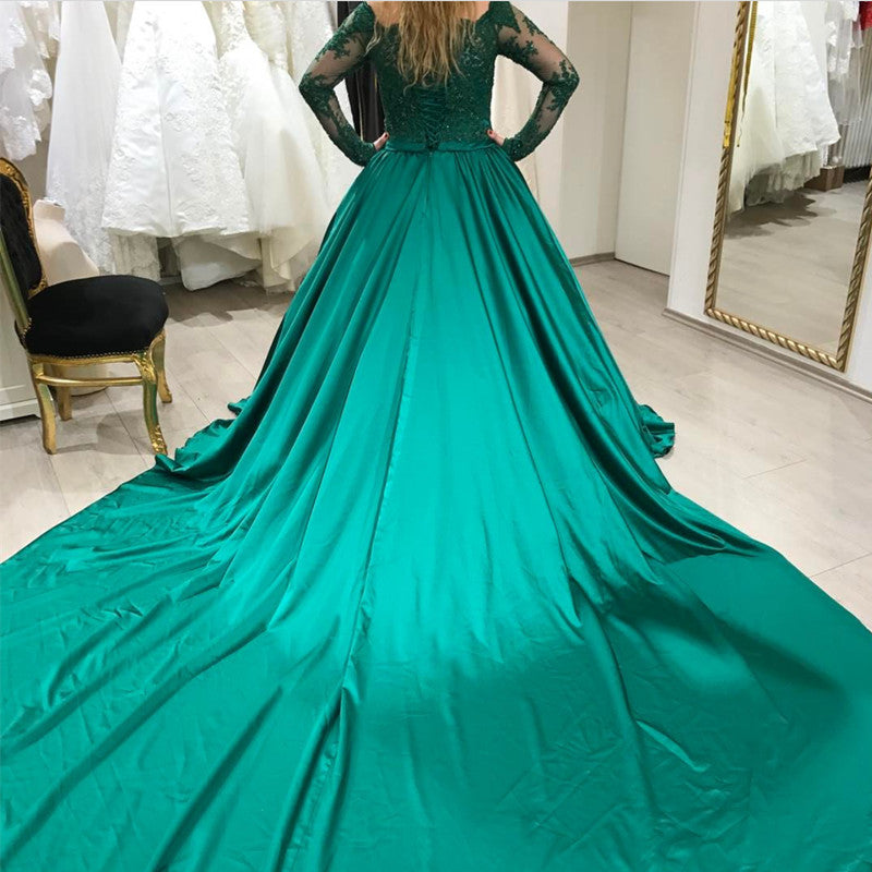 Green Lace Long Sleeves Satin Prom Dresses Ball Gowns Green Lace Long Sleeves Satin Prom Dresses Ball Gowns