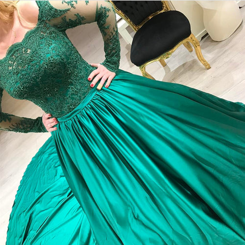 Green Lace Long Sleeves Satin Prom Dresses Ball Gowns-alinanova