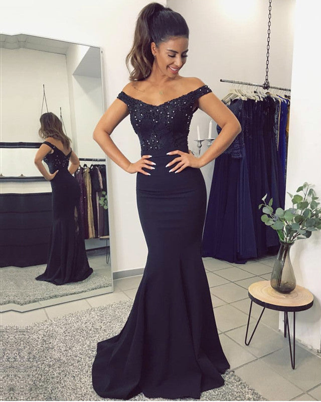 little mermaid bridesmaid dresses Mermaid Satin Sleeveless Black Long Bridesmaid Dress with Slit BD144 US8 / Black