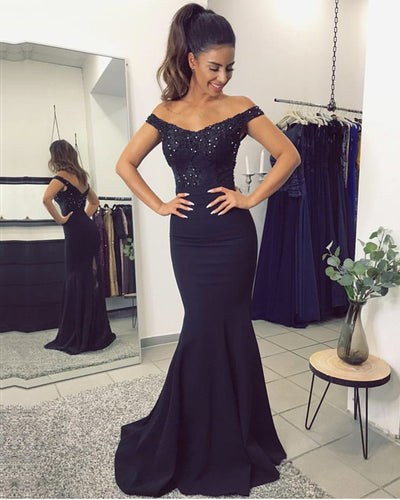 Mermaid V Neck Dresses Off Shoulder Appliques Train-alinanova