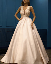 Load image into Gallery viewer, Pale-Pink-Prom-Dresses-Long-Satin-Lace-Embroidey-Evening-Gowns
