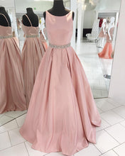 Load image into Gallery viewer, Spaghetti Straps Long Pink Satin Prom Dresses Beaded Sashes
