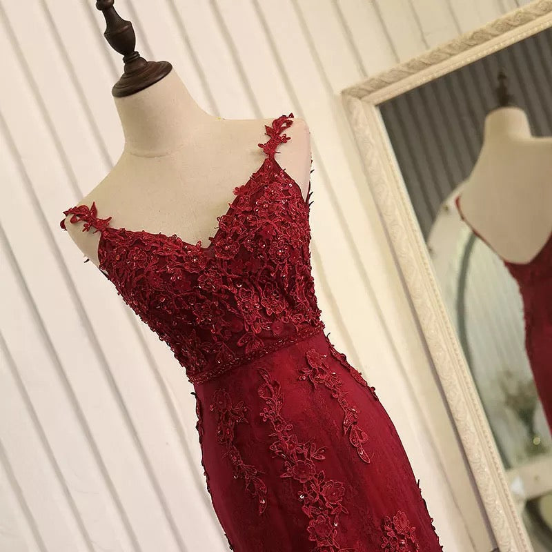 【新品】　Emboridered Lace Back Dress Elegant V-neck Backless Lace Mermaid Prom Dresses – alinanova