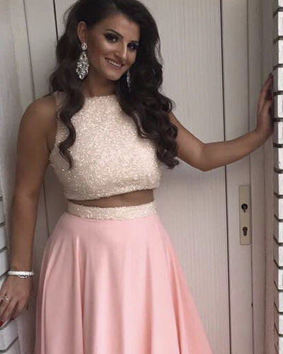Luxury Sequins Top Long Chiffon Prom Dresses Two Piece-alinanova