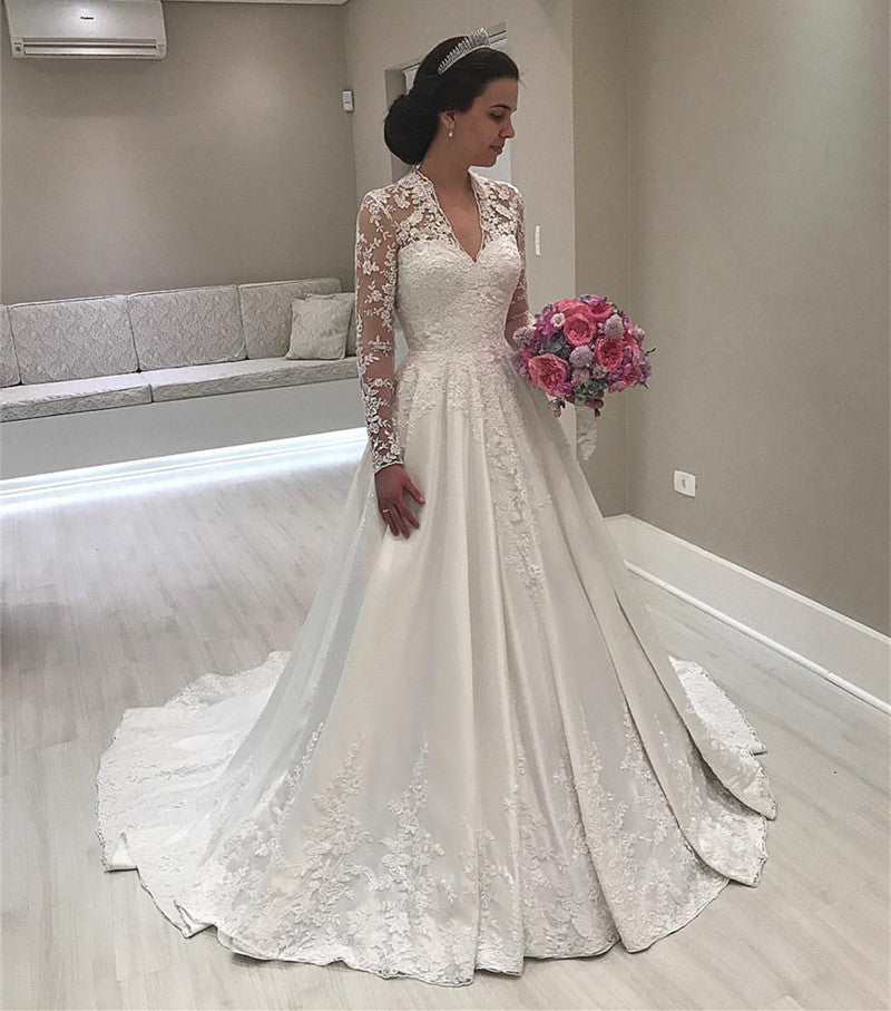 A Line V Neck Long Sleeves Wedding Dresses For Bride 2018