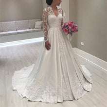 Load image into Gallery viewer, Vintage Lace Long Sleeves V Neck Satin Wedding Dresses Princess-alinanova
