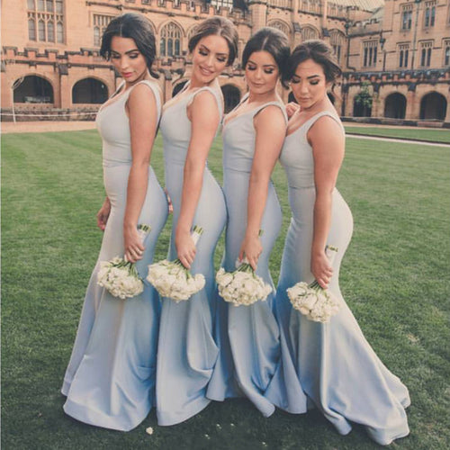 Simple Satin V-neck Long Mermaid Bridesmaid Dresses-alinanova