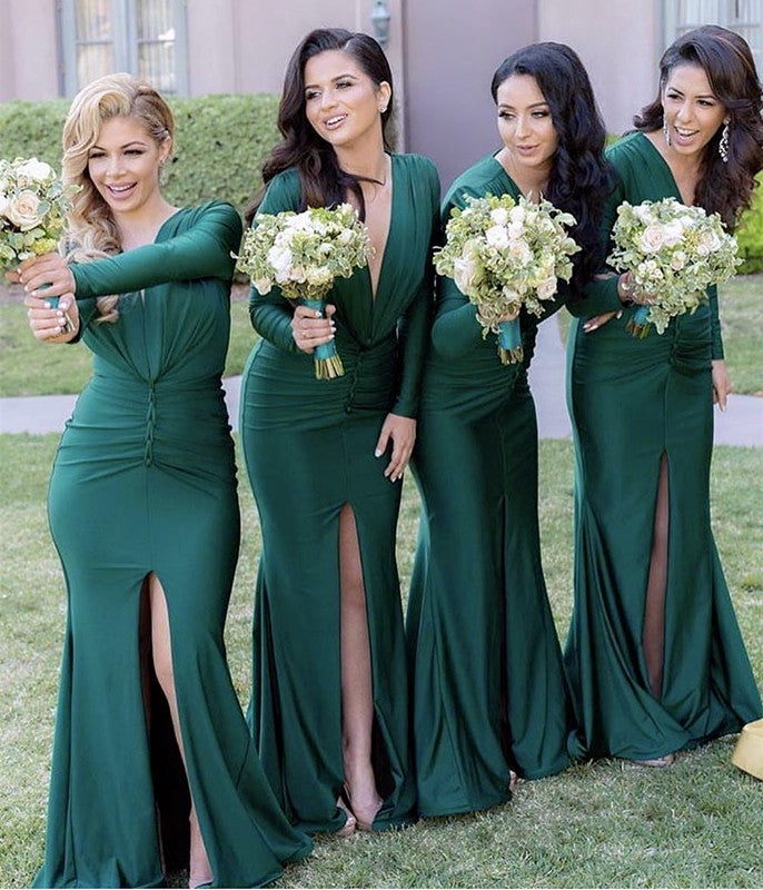Long Sleeves Open Back Mermaid V-neck Bridesmaid Dresses – alinanova