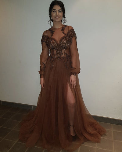 Sheer Long Sleeves Tulle Evening Dresses Leg Split Prom Gowns-alinanova