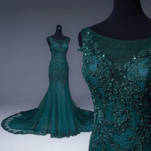 Load image into Gallery viewer, Emerald Green Tulle Mermaid Prom Dresses Lace Appliques Formal Dress-alinanova
