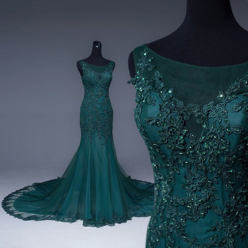 Emerald Green Tulle Mermaid Prom Dresses Lace Appliques Formal Dress-alinanova