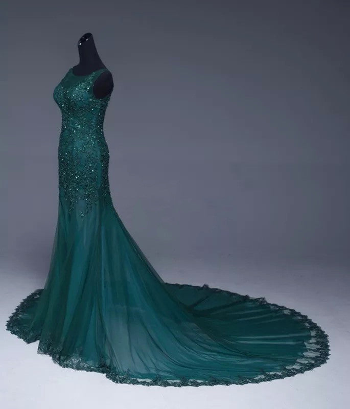 Emerald Green Tulle Mermaid Prom Dresses Lace Appliques Formal Dress Emerald Green Tulle Mermaid Prom Dresses Lace Appliques Formal Dress